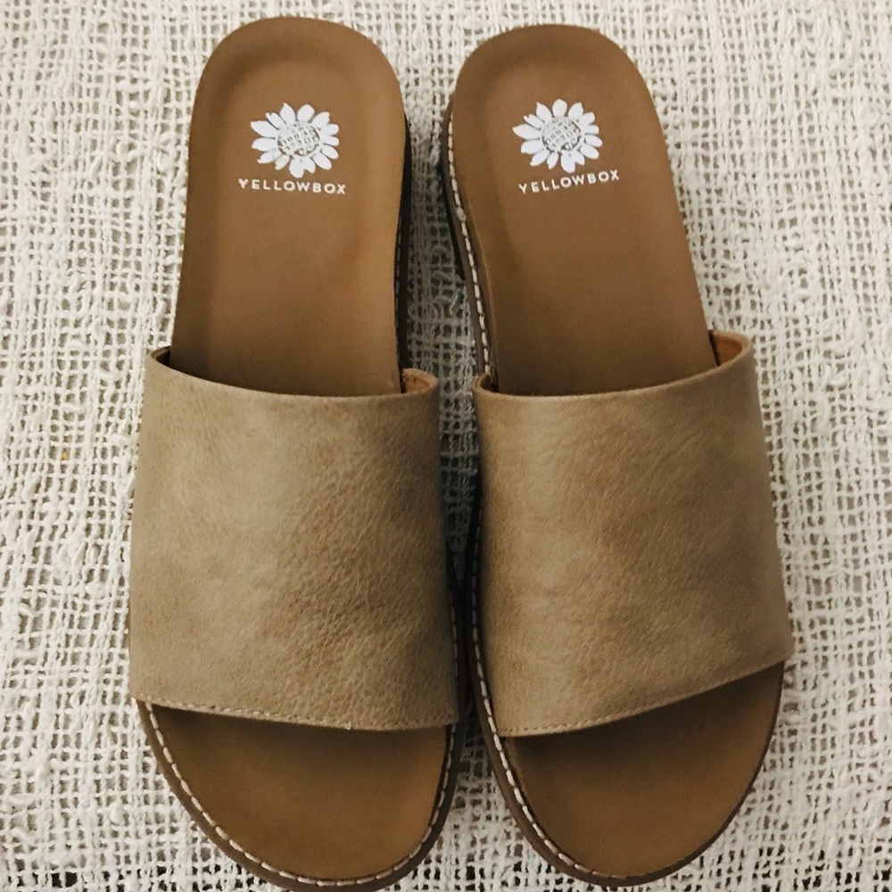 SOLD - New Yellow box taupe sandals. Size 7 1/2